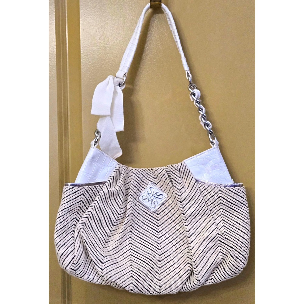 Simply Vera Vera Wang Chevron Woven Shoulder Bag Tote Cream/White Chain Strap